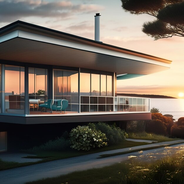 Modern house with the ocean in the background and the sunset Generative AI