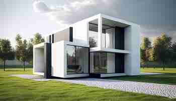 Photo modern house with panoramic windows. exterior.