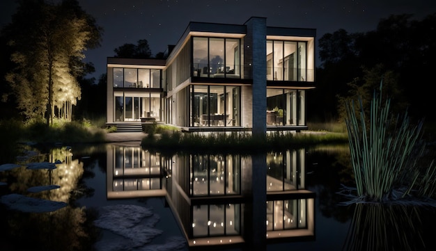 A modern house with a pond and lights at night.