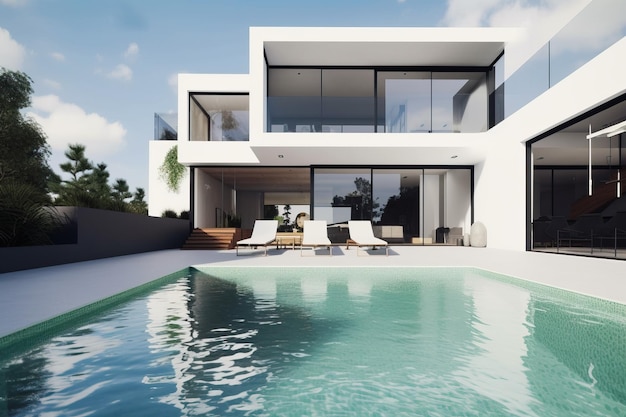 A modern house with a pool in front of it