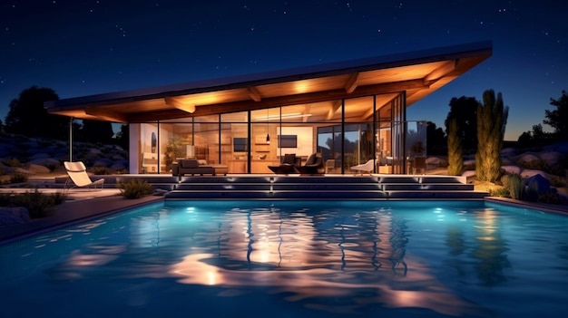 Modern house with pool at night lighting view Generative AI