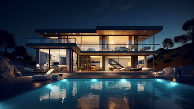 Modern house with pool at night lighting view Generative AI