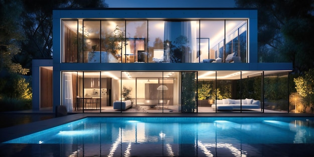 A modern house with pool and outdoor lighting