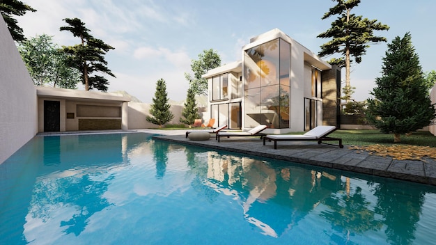 Photo modern house with pool and patio for relaxation, exterior, 3d illustration.