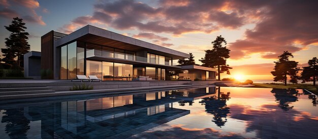 수영장 과 일몰 을 가진 현대적 인 집