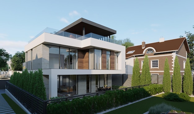 Modern house with roof garden. 3D visualization. House on a small lot. Unique architecture.