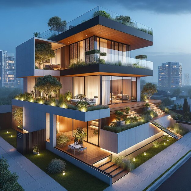 Modern house with roof garden visualization house small lot unique architecture evening