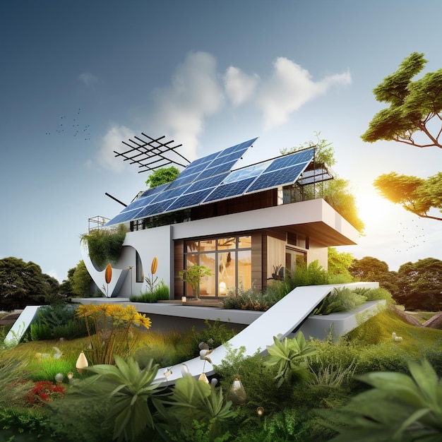 Modern house with solar panels on the roof 3d rendering