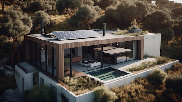 Современный дом с солнечными панелями на крыше Альтернативный источник энергии
