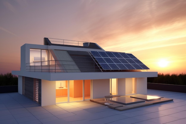 Modern house with solar panels on the roof Clean energy concept Generative AI