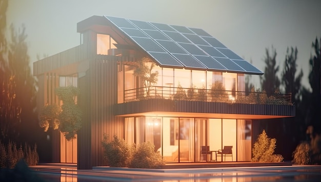 Modern house with solar panels on the roof Sustainable and clean energy at home Generative AI