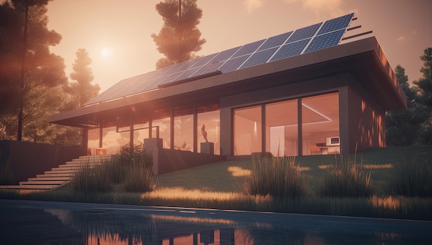 Современный дом с солнечными панелями на крыше Экологичная и чистая энергия дома Генеративный ИИ