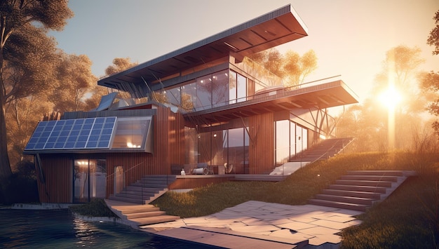 Modern house with solar panels on the roof Sustainable and clean energy at home Generative AI