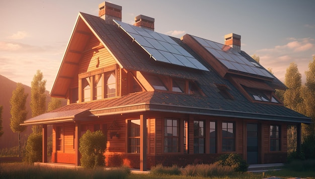 Modern house with solar panels on the roof Sustainable and clean energy at home Generative AI