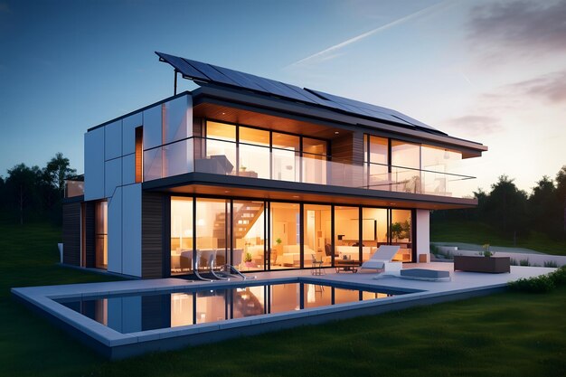 Modern house with solar panels on the roof