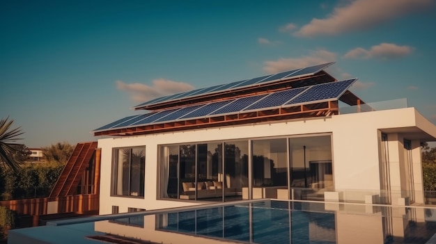 Modern house with solar panels under a sunny sky Concept of renewable energy Generative AI