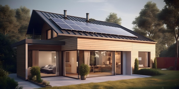 Casa moderna con pannelli solari fotovoltaici sul tetto stile di rendering 3d del concetto di casa ecologica ai generativo