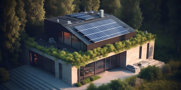 Современный дом с солнечными фотоэлектрическими панелями на крыше 3D-рендеринга в стиле концепции эко-дома Generative Ai