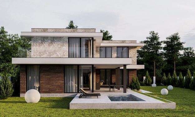 Modern house with terrace and swimming pool. 3d visualization. House in modern style. Unique archite