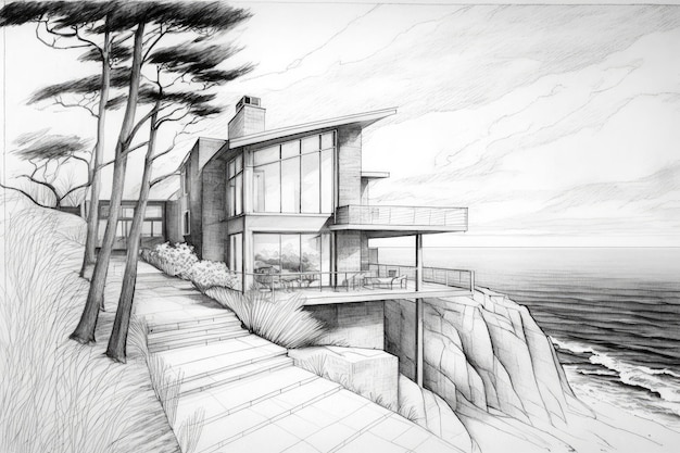 Foto casa moderna con vista sull'oceano schizzo a matita dell'artista