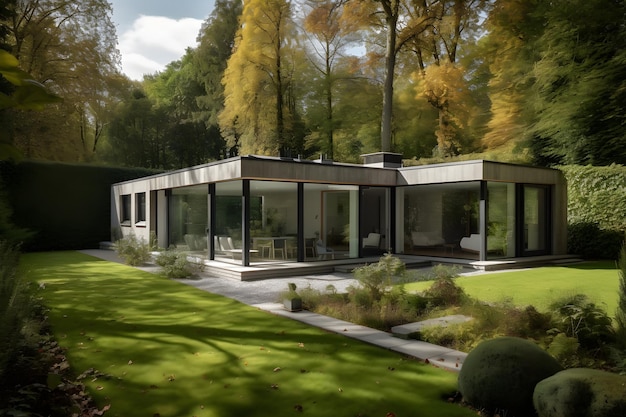 A modern house in the woods with a garden in the background