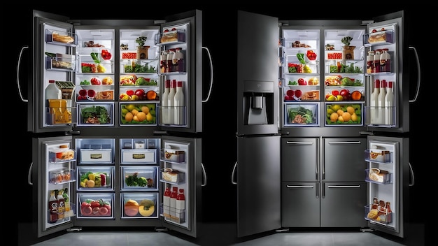 Modern household refrigerator with food four angles isolated