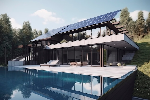 Photo modern houses and swimming pools with solar energy ai technology generated image