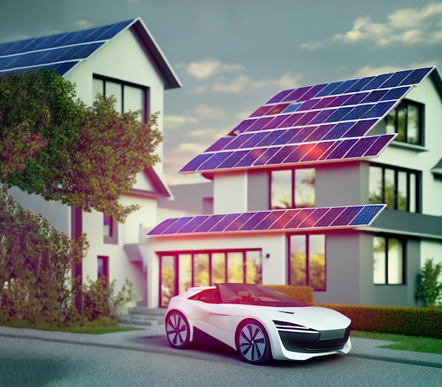 Photo modern houses with solar panels and electric car