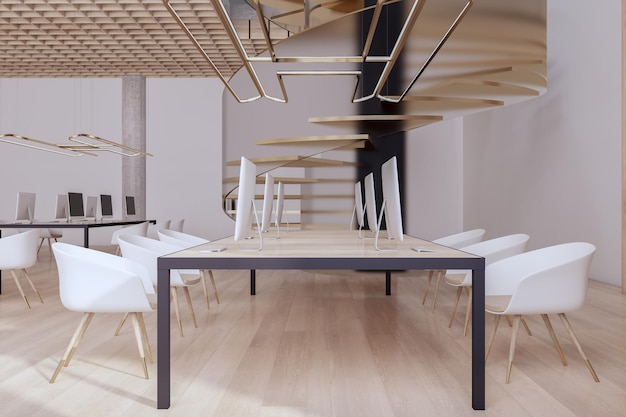 Modern houten coworking kantoorinterieur met meubels en wenteltrap 3D Rendering