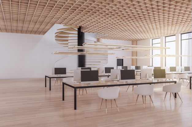 Modern houten coworking kantoorinterieur met raam- en stadsmeubilair en wenteltrap 3D-rendering