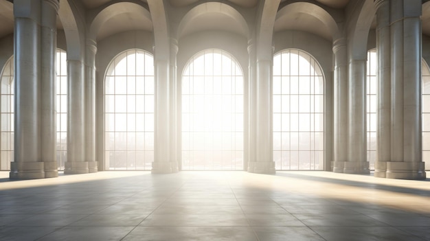 Modern huge concrete material empty hall with lots of columns and big white glowing windows wallpaper space for text 3D render