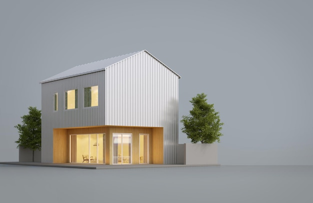 Modern huis buitenkant met witte metalen plaat en hout geïsoleerd op een grijze achtergrond