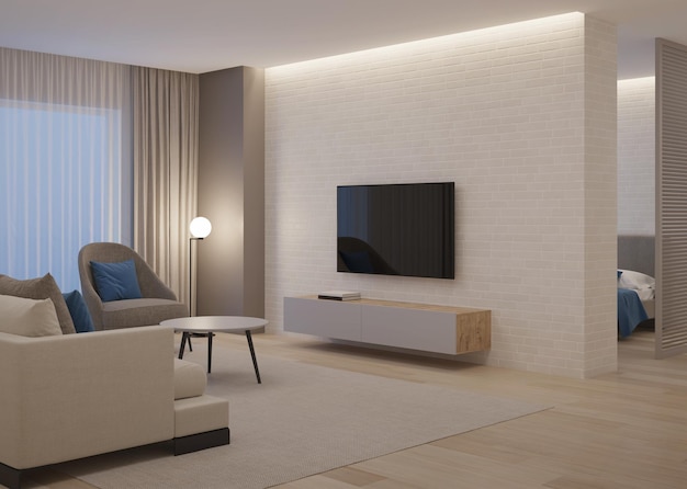 Modern huis interieur Avondverlichting Nacht 3D-rendering