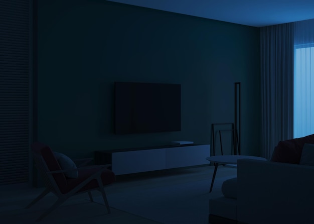 Modern huis interieur Avondverlichting Nacht 3D-rendering