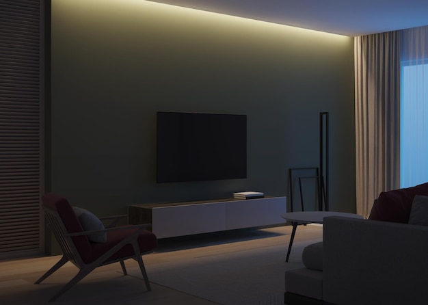 Modern huis interieur Avondverlichting Nacht 3D-rendering