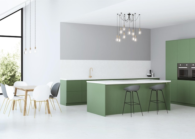 Modern huis interieur. Grijs interieur met groene keuken. 3D-weergave.