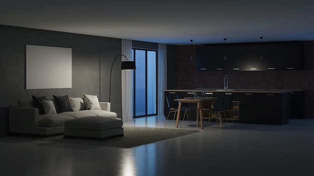 Modern huis interieur. Nacht. Avond verlichting. 3D-weergave.