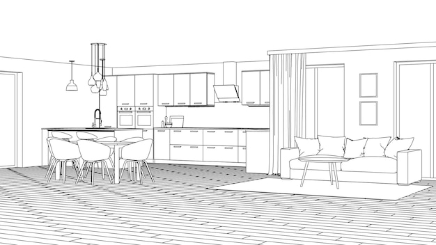 Modern huis interieur. Ontwerpproject. Schetsen. 3D-weergave.