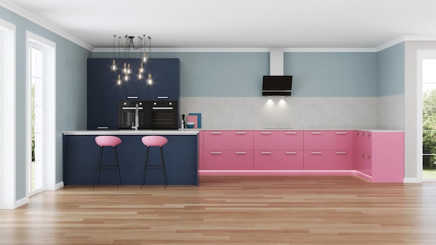 Modern huis interieur. Roze keuken. 3D-weergave.