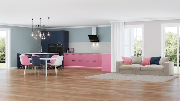 Modern huis interieur. Roze keuken. 3D-weergave.