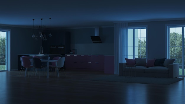 Modern huis interieur. Roze keuken. Nacht. Avond verlichting. Kunstmatige lichtbronnen. 3D-weergave.