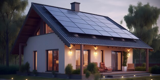 Modern huis met fotovoltaïsche zonnepanelen op het dak 3D-weergavestijl van eco-huisconcept Generative Ai