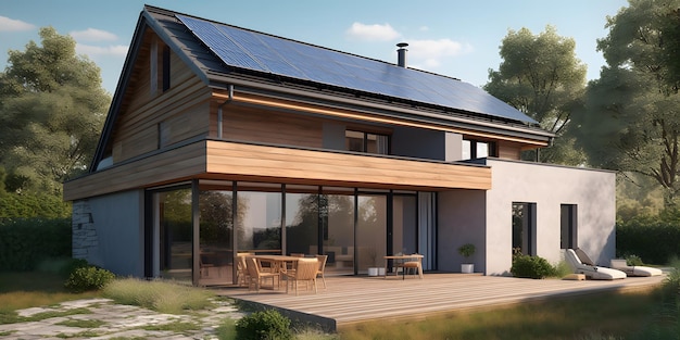 Modern huis met fotovoltaïsche zonnepanelen op het dak 3D-weergavestijl van eco-huisconcept Generative Ai