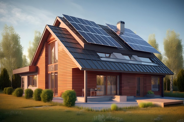 Modern huis met fotovoltaïsche zonnepanelen op het dak 3D-weergavestijl van eco-huisconcept Generative Ai