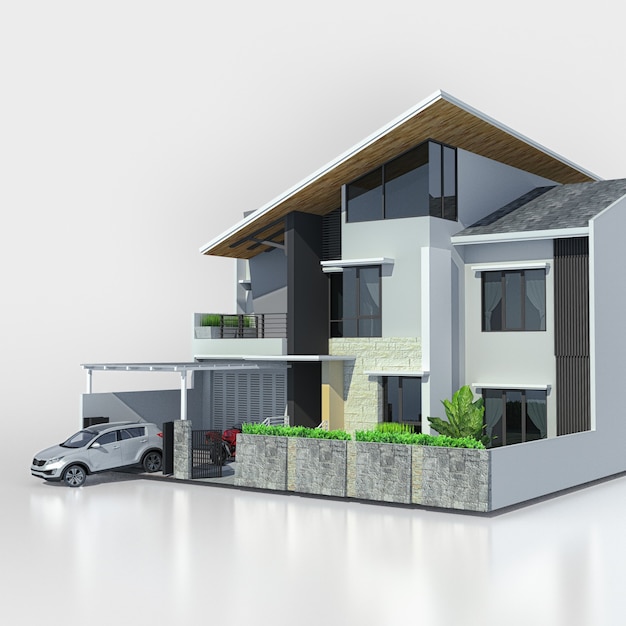 Modern huis met garage op witte achtergrond. 3D-rendering.