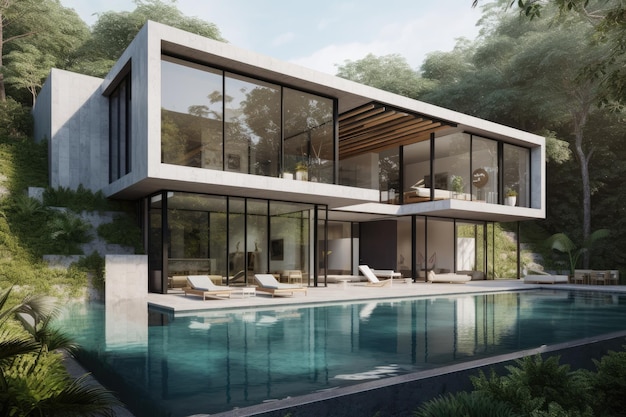Modern huis met minimalistisch design omgeven door weelderige natuur die IA genereert