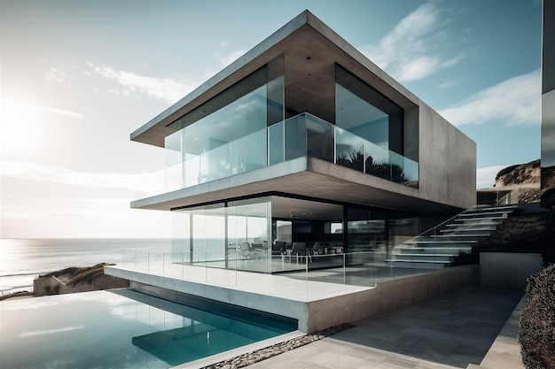 Modern huis met uitzicht op zee in de stijl van surrealistische architecturale landschappen monochromatische sereniteit