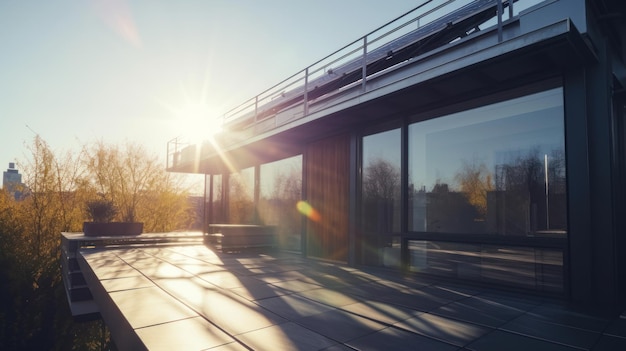 Modern huis met zonnepanelen op het dak met zonsondergang op de achtergrond Generatieve AI
