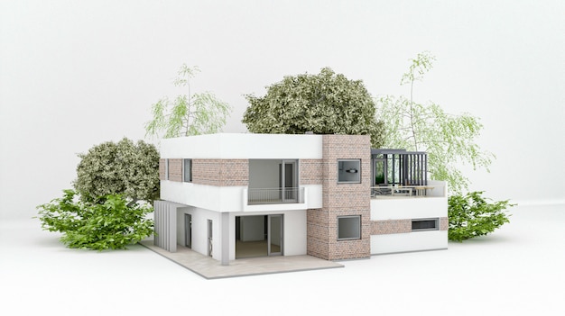 Modern huis op witte vloer met lege betonnen muur achtergrond in onroerend goed verkoop of onroerend goed investeringsconcept, het kopen van een nieuw huis voor grote familie - 3d illustratie van woongebouw buitenkant