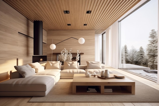 Modern huisinterieur met houten afwerking van de kamer en panoramische ramen generatieve AI Concept van eigentijds design natuur rustieke stijl decor
